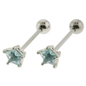 Tongue Barbell with Light Blue, Star Shaped CZ, 5 Prong Set, 8mm Gem 