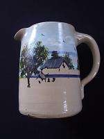 Vintage Clay Crock Pitcher Jug hand painted Cabin  
