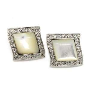 Shimmery Lozenge Earrings with White Mother of Pearl & White CZs, .925 