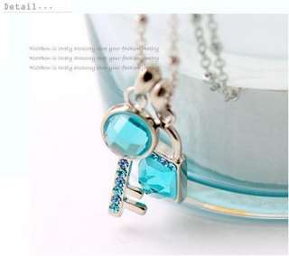 Korean Style Fine Acid blue facets Crystal key&Lock Necklace  