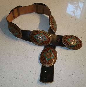   Old Unusual Indian Copper Turquoise Coral Inlay 9 Concho Belt  