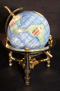 Genuine Multi Gemstone Desktop Globe Gold Tone Base Light Blue Globe 