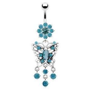   Button Navel Ring Dangle with Turquoise Beads and Surgical Steel Bar