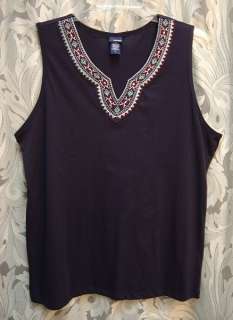 100% COTTON KNIT EMBROIDERED NAVY NAVAJO TANK CAMI CAMISOLE TOP SHIRT 