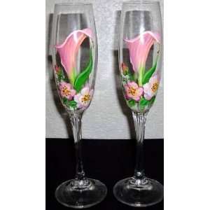  Floral Gorham Handpainted Crystal Champagne Flutes Glasses 