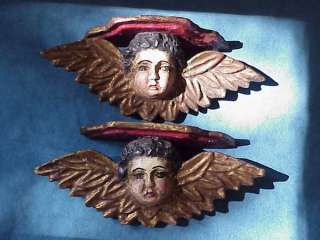 Pair Antique CHERUB ANGEL CRECHE Carved Sconces  