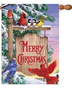 CHRISTMAS SIGN POST WINTER BIRDS SNOW SCENE Lg FLAG  