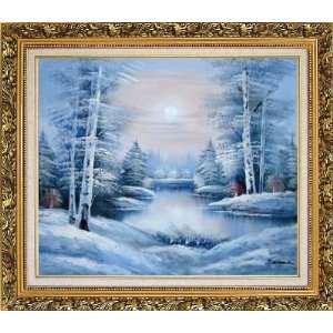 River through Snow Covered Land Oil Painting, with Ornate Antique Dark 