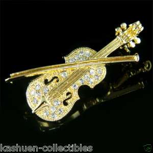 Crystal musical instrument VIOLIN gold tone BROOCH XMAS  