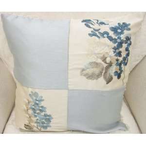  BLUE CREAM BEADED FAUX SILK 18 EMBROIDERED CUSHION COVER 
