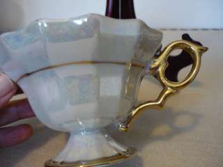   Turquoise & Flora Pearl Luster Gold Handle Tea Cup & Saucer  