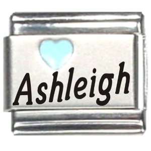  Ashleigh Light Blue Heart Laser Name Italian Charm Link 