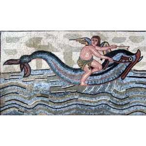  36x68 Riding Dolphin Marble Mosaic Art Tile Mural 