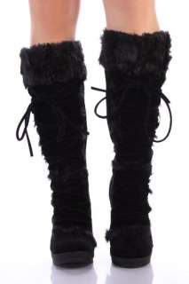 Black Furry Wedge Lace Up Knee Boots Women   Vegan Friendly  
