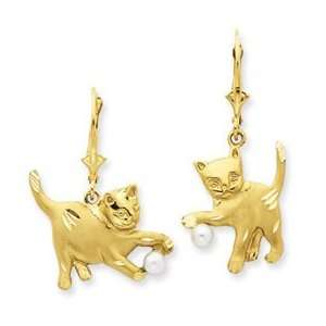  14k Yellow Gold Polished & Diamond Cut Cat with Cultured 