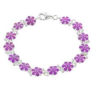    Silver Light Purple Enamel Flower Summer Link Bracelet Jewelry
