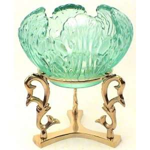  Teal Bowl with Brass Stand By Fenton Art Glass