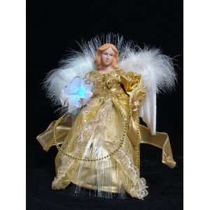   LED Lighted Fiber Optic Gold Angel with Boquet Christmas Tree Topper