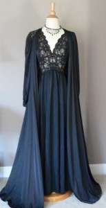 Vintage Midnight Black OLGA Waterfall Peignoir Robe+Lace Bodice Gown 
