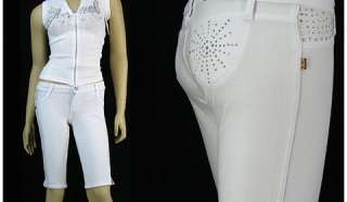 Moleton Bermuda Shorts Jeans Low Rise Stretch Crochet Jeans White