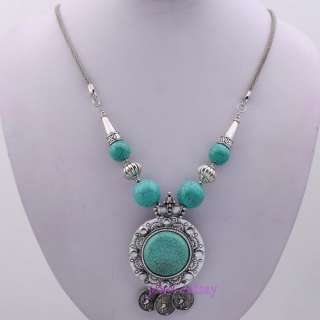 Tibet silver round 3 coin Turquoise bead chain necklace  