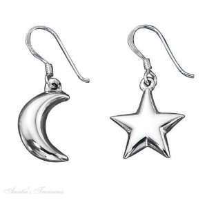   Silver Puffed Moon Star Mismatch Pair Dangle Earrings Jewelry