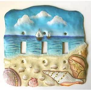  Painted Metal Sand & Sea Shells   Triple Switchplate Cover 
