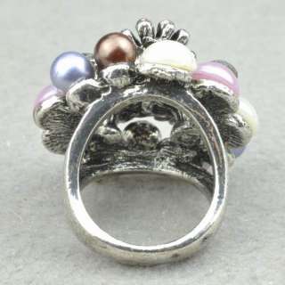 Silver Frog Pearl Crystal Cocktail #8 Ring ij309818  