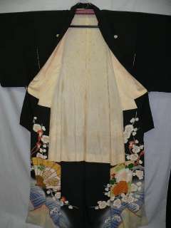 Antique Blk Silk Tomesode w/Crests, Sensu, Wave A762  