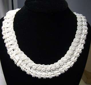 Antique Intricate Milk Glass Seed Bead Braided Collar Necklace 18 x 3 