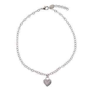Engravable Flat Heart With Cubic Zirconia C.Z.} Set All Around Rhodium 