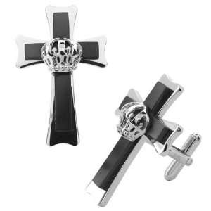  Inox Jewelry Three Level Cross and Crown Black Plated 316L 