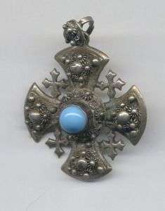 Vintage SILVER JERUSALEM CROSS pendant with GLASS BEAD  