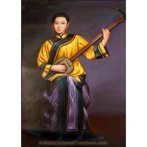   Art Chinese Oil Painting   Maiden Playing Sanxian