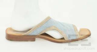   Mens Light Wash Denim & Beige Leather Slide Sandals Size 44  