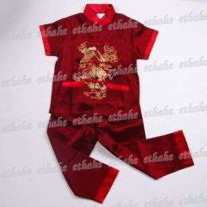 Kids Chinese Dragon Kung Fu Shirt Pants Burgundy 656M  