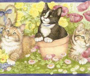 KITTENS, CATS FLOWER GARDEN KIDS Wallpaper bordeR Wall  