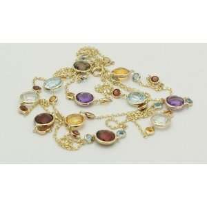 14K Yellow Gold Round Shaped Multi Colored Gemstone Necklace 36 New