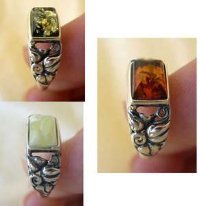 WHITE, GREEN or HONEY AMBER & STERLING SILVER SOLITAIRE RING VARIOUS 