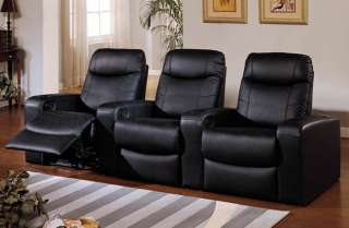 Leather Home Theater Seats Seating   3 Black Recliners  