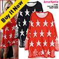 Star Print with Rips Knit Sweater Top Red Blue