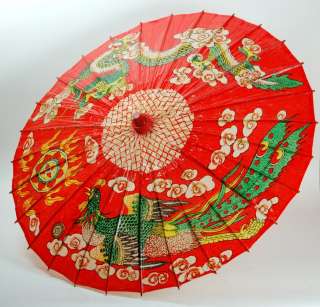 OIL PAPER RED PARASOL Chinese Dragon Phoenix Umbrella  