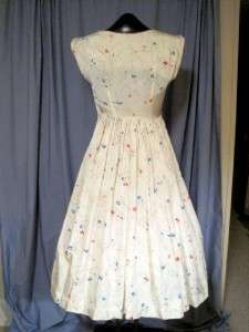Vtg 50s Rayon? Full Skirt Party Dress, White w/Tiny Flowers at Random 
