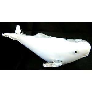 New Hand Blown Glass White Baby Beluga Whale Paperweight  
