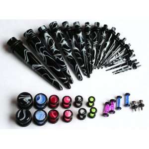 36pc Ear Stretching Kit Color Marble Plugs and Black Marble Tapers 00g 