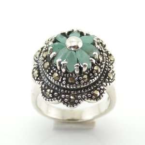  12g Natural Emerald Marcasite Gemstone 925 Sterling Silver Ring 