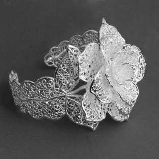 White Silver Big Carve Flower Leaf Cuff Bracelet Bangle  