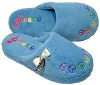 FUZZY Blue PEACE Sign SMILEY SlipOn Slippers Ladies NEW  