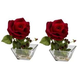  Rose w/Square Vase Silk Flower Arrangement (Set of 2 