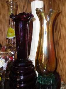 Vintage CARNIVAL GLASS Vase Split Edge Aqua Base Seed Bubbles 8.75 